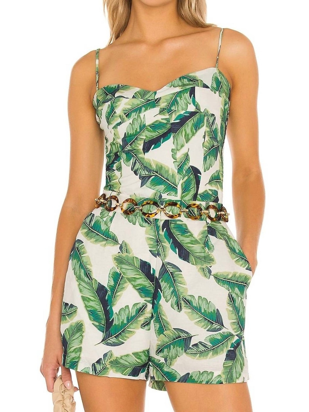 Amanda Uprichard Finola Top Green Tropical Leaf Strapless